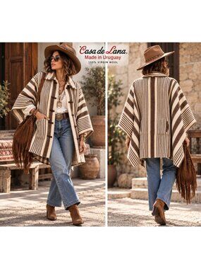 Vintage 70s Casa de Lana 100% Virgin Wool Striped Cape Poncho Coat Urugu
